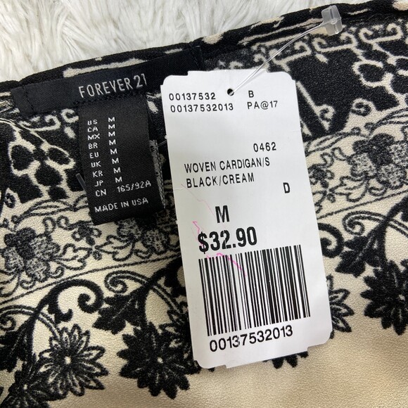 NWT Forever 21 Black Cream Woven Cardigan Sz M - Picture 2 of 5